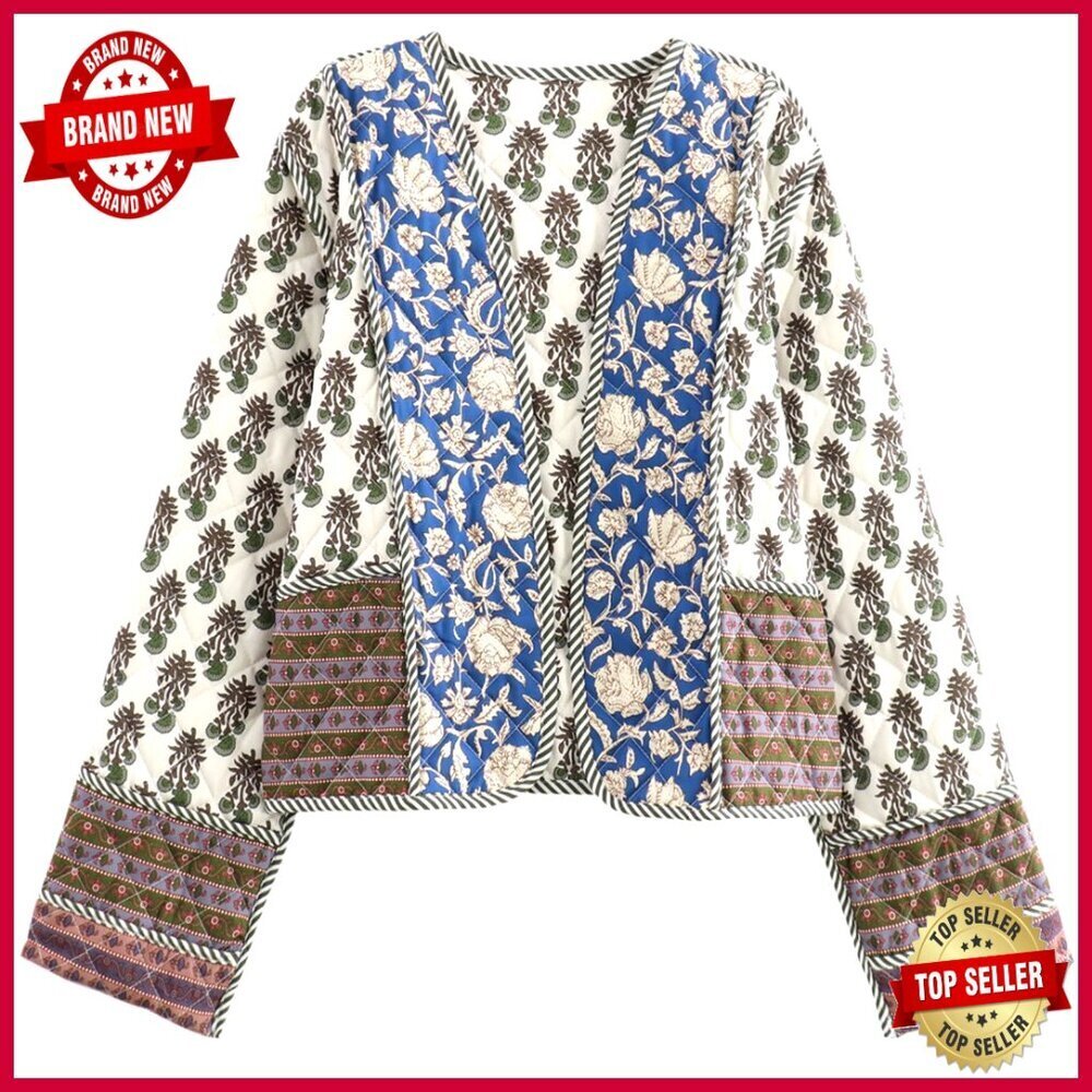 Women's Cropped Puffer Jacket Quilted Lightweight Open Front Floral Print